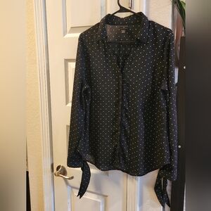 WORTHINGTON POLKA Dots Button Down Blouse Tie End Sleeves Size Large